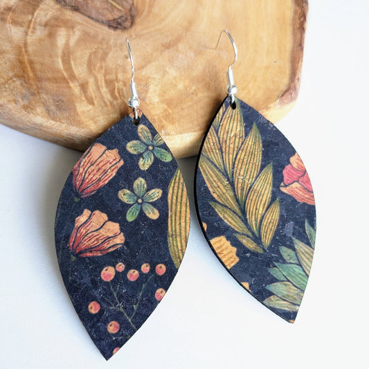 Floral on Black Cork Earrings, Leaf