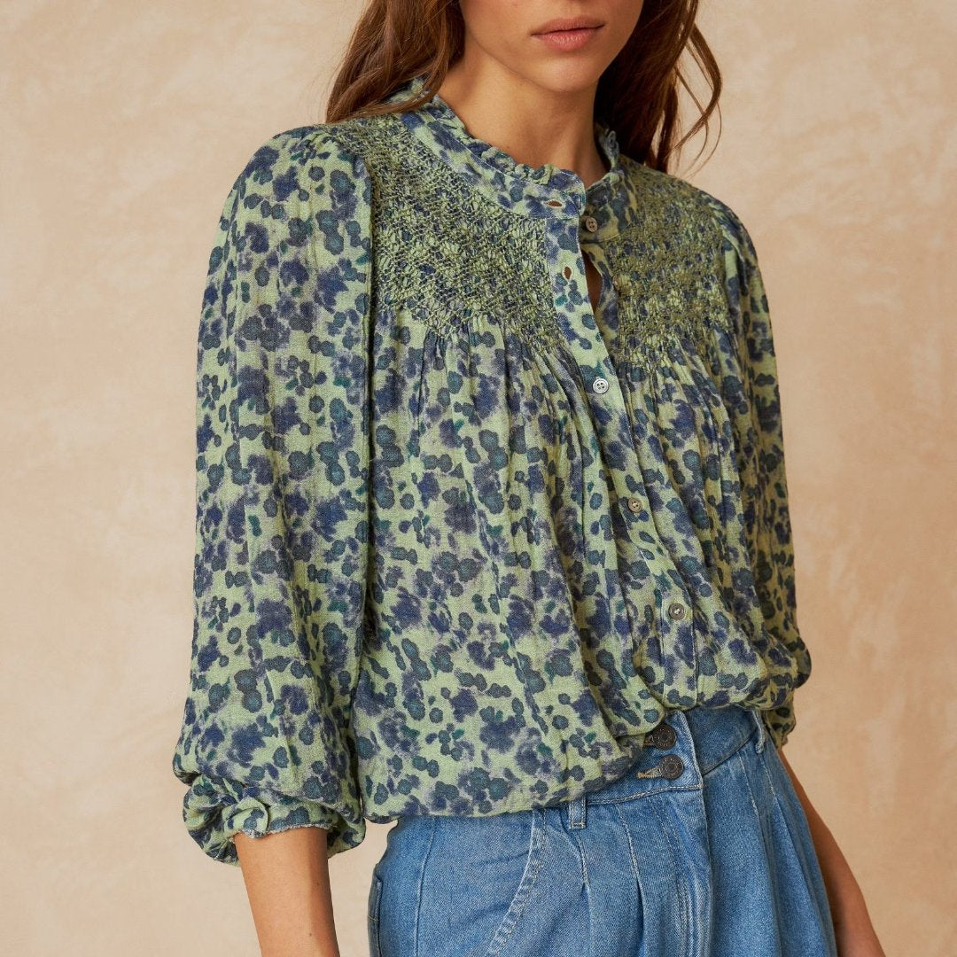 Indi & Cold, Smock Embroidered Shirt, Jade