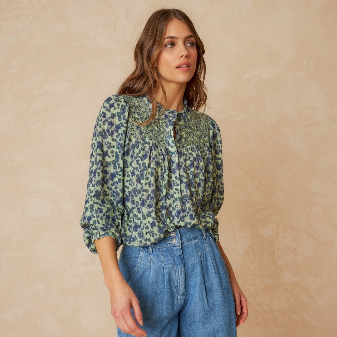 Indi & Cold, Smock Embroidered Shirt, Jade