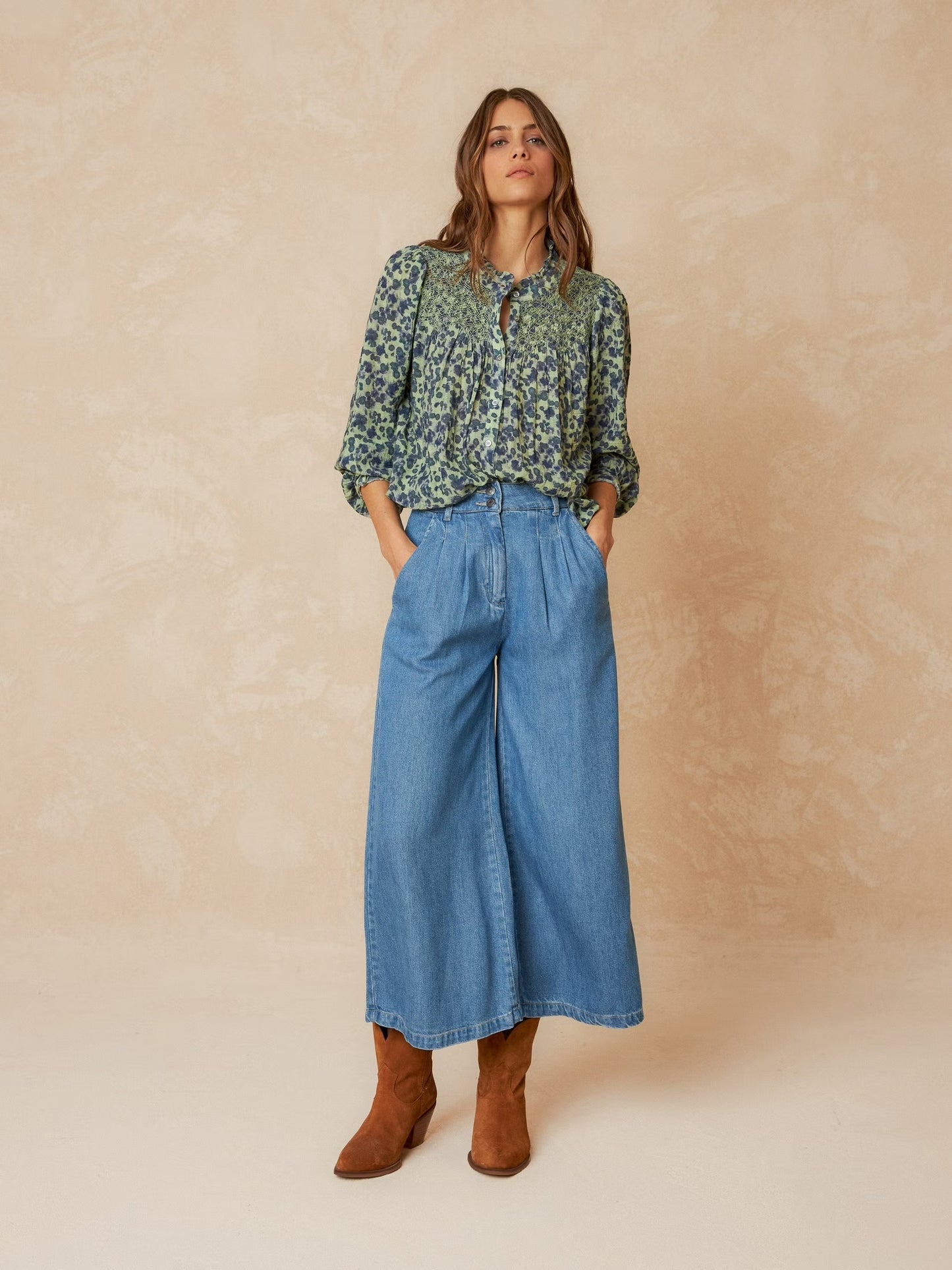 Indi & Cold, Smock Embroidered Shirt, Jade