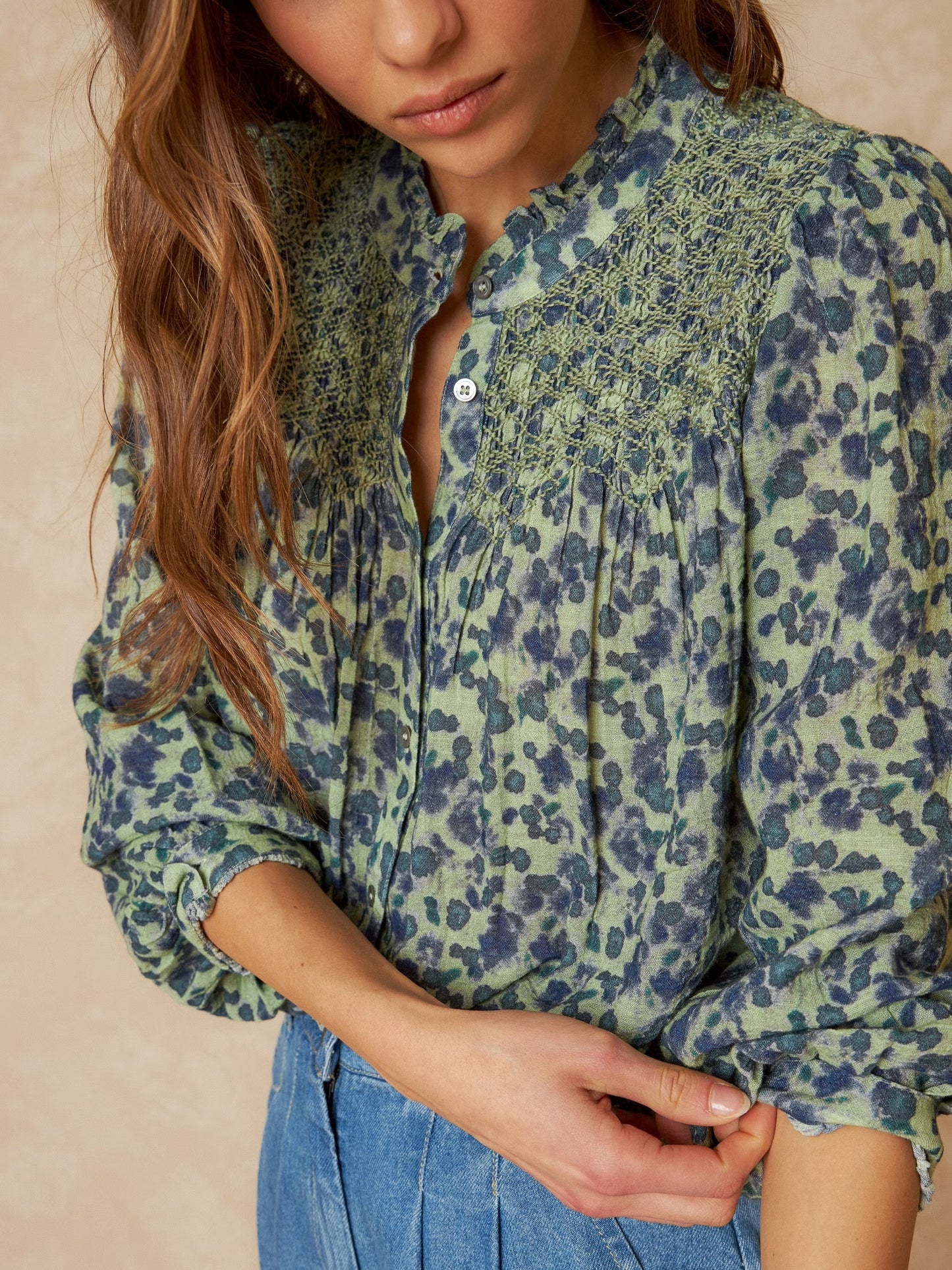 Indi & Cold, Smock Embroidered Shirt, Jade